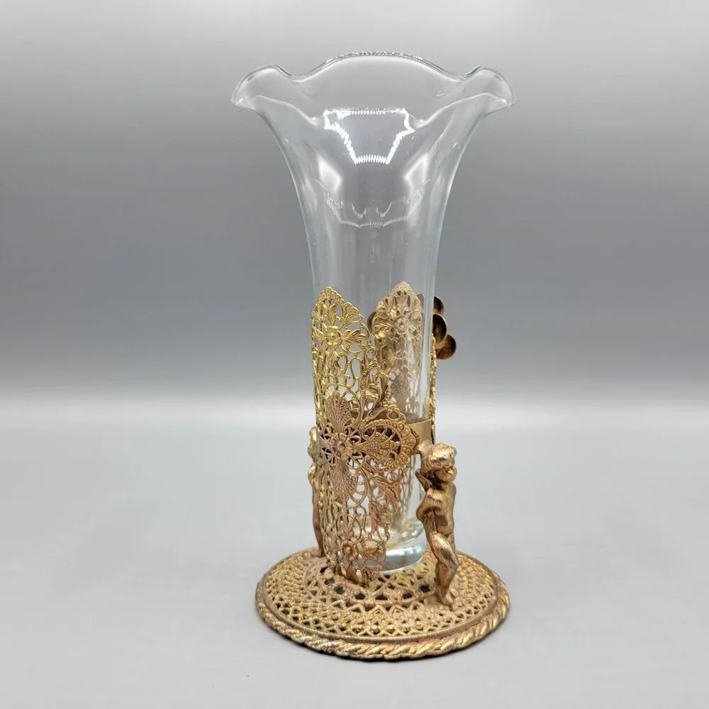 Antique Vintage Gold Brass Filigree Fluted Bud Vases Cherub Figural Design - Picture 5 of 16